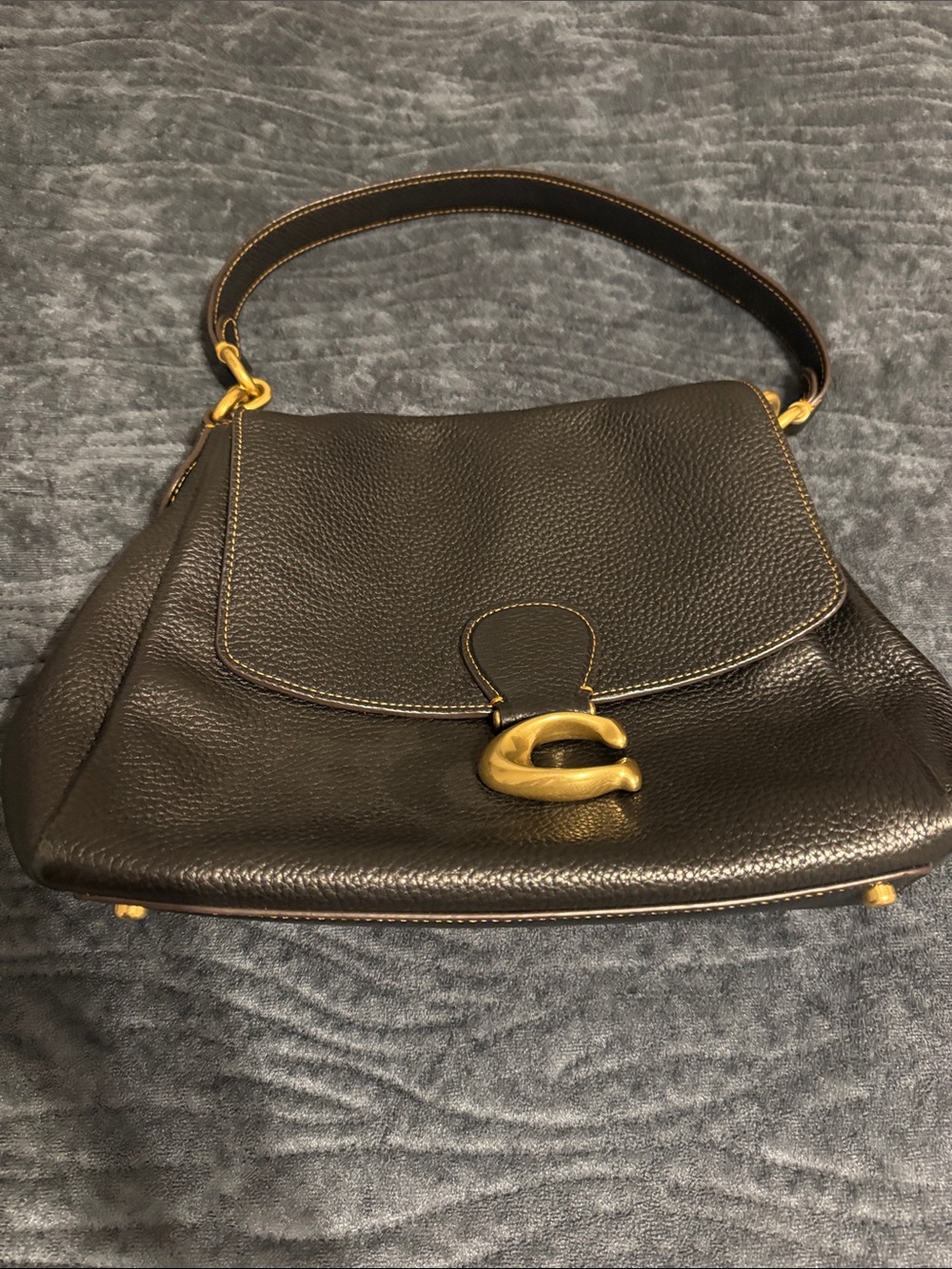 Classic Coach Black Leather Shoulder Bag with Gold Hardware